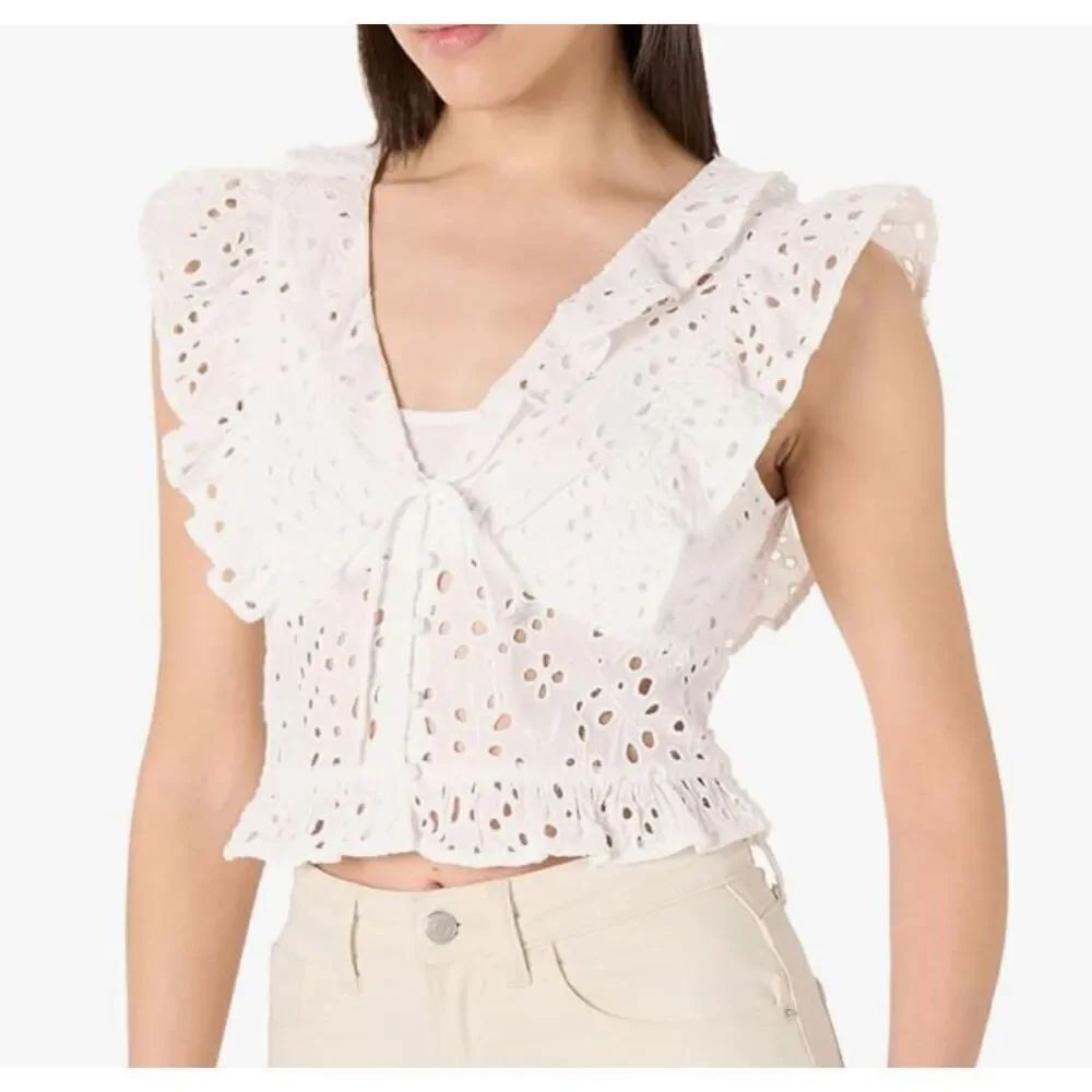 The Drop Womens Margo Tie Front Ruffle Detail Sleeveless Blouse - M